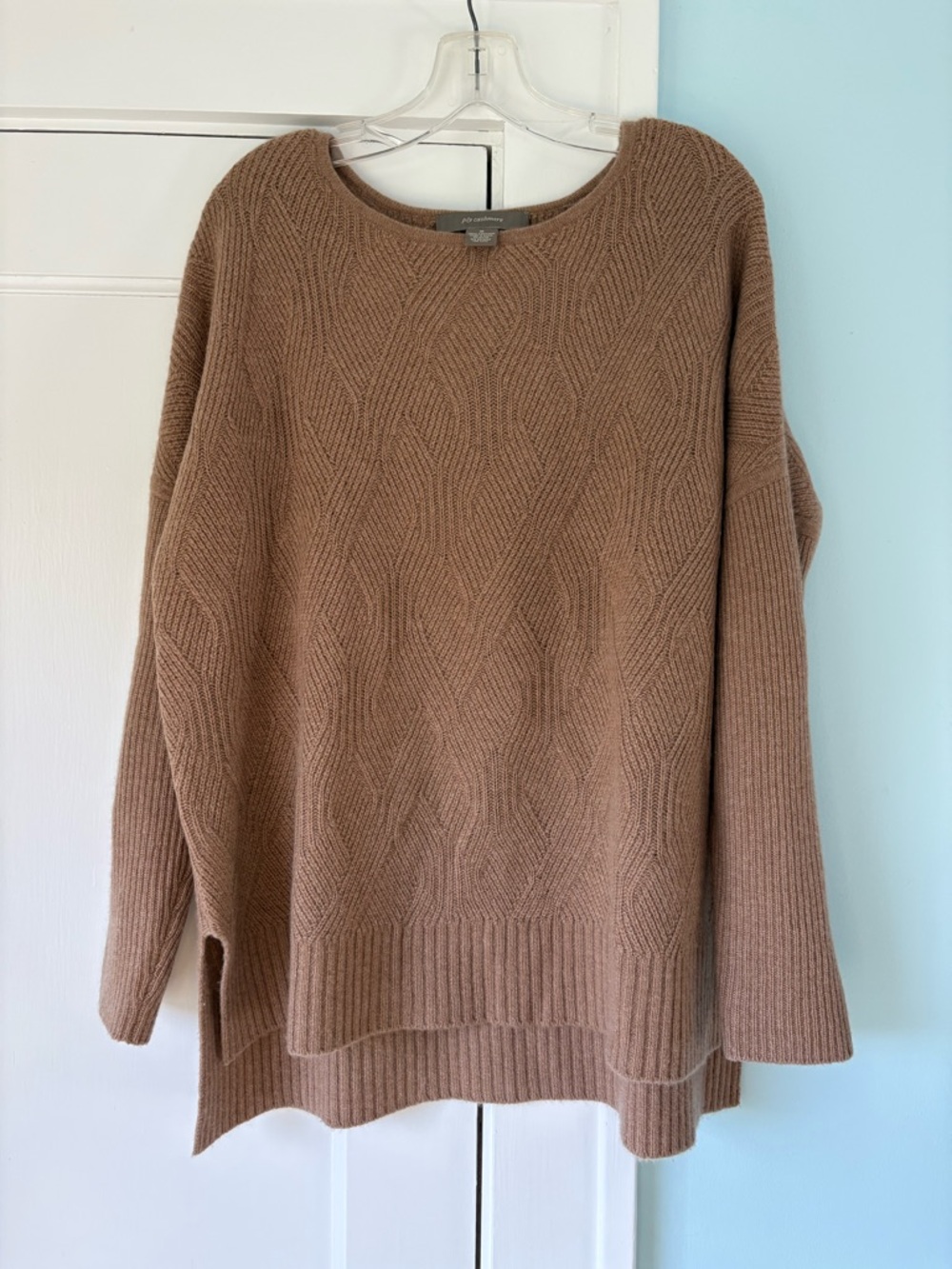 Ply Cashmere Textured Diamond Wave Herringbone Knit Oversized Cozy Sweater